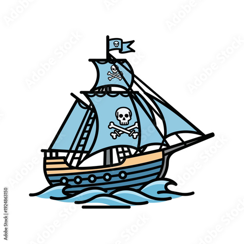 Cartoon Pirate Ship with Jolly Roger Flag Sailing on Wavy Seas