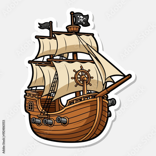 Cartoon Pirate Ship with Jolly Roger Flag, Sails, Cannons, and Steering Wheel
