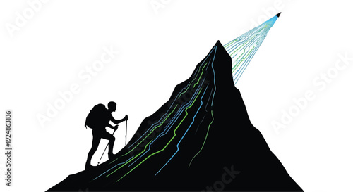 Silhouette of a determined hiker ascending a steep mountain peak, aiming for the summit with a beam of light.