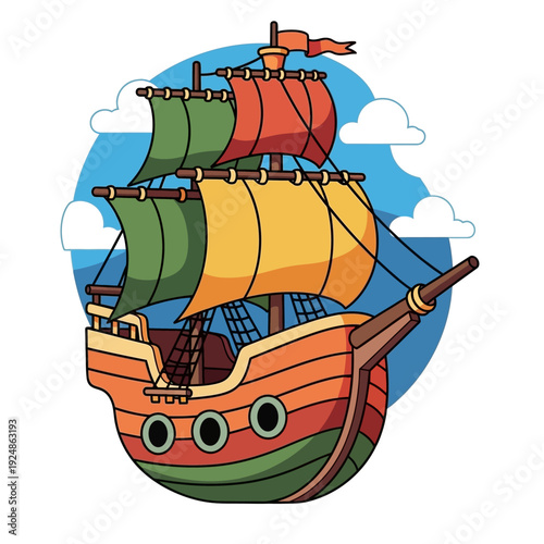 Colorful Cartoon Sailing Ship with Orange, Green, and Yellow Sails on Blue Sky