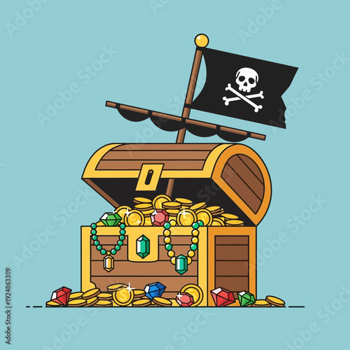 Open Treasure Chest with Pirate Flag, Gold Coins and Jewels