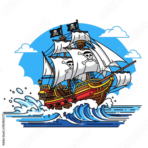 Pirate Ship Sailing on Rough Seas with Jolly Roger Flags