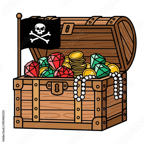 Pirate Treasure Chest Full of Gold Coins, Jewels, and Pearl Necklace