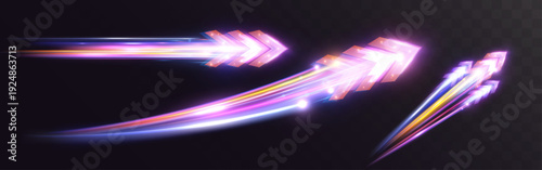 Set of glowing multicolored light arrows with bright energy trails moving at high speed, symbolizing velocity, acceleration, progress and futuristic digital power.
