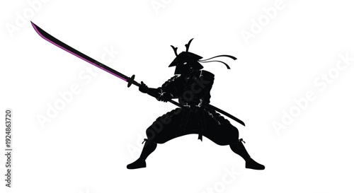 Silhouette of a warrior in traditional armor wielding a glowing sword in a dynamic pose.
