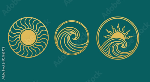 Golden Sun Wave Symbols on Dark Background.