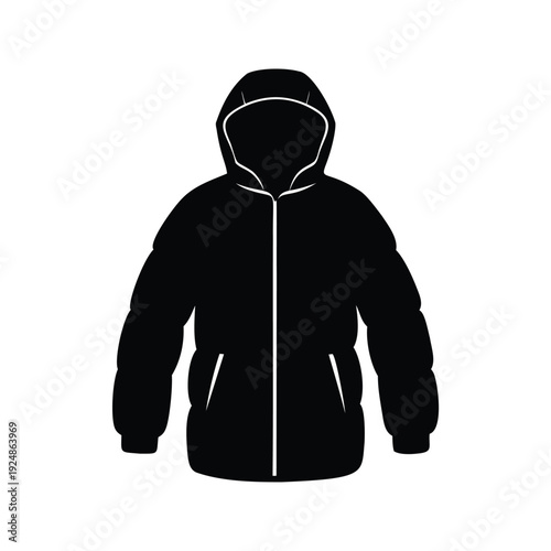Black and white hoodie with zipper and pockets silhouette vector illustration, quilted puffer coat silhouette vector illustration