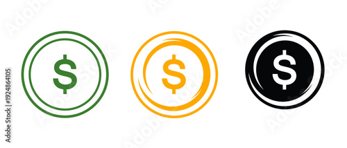 Coin icon money design Green, gold and Black dollar flat symbol