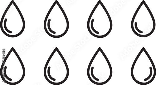 Eight distinct water droplets with unique shapes and orientations Vector