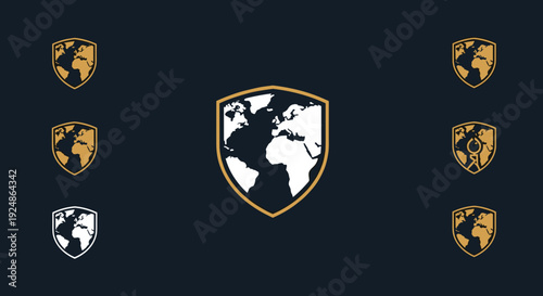 Shield Logos with Faces and Globe Emblems.
