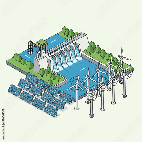 Isometric illustration of a hydroelectric dam with solar panels and wind turbines.