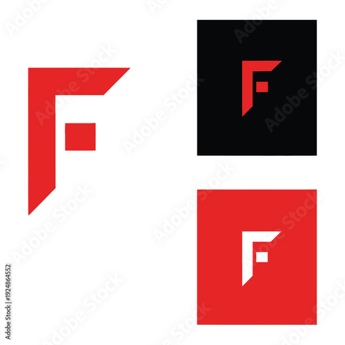 Letter F logo designs with geometric shapes and red color variations icon