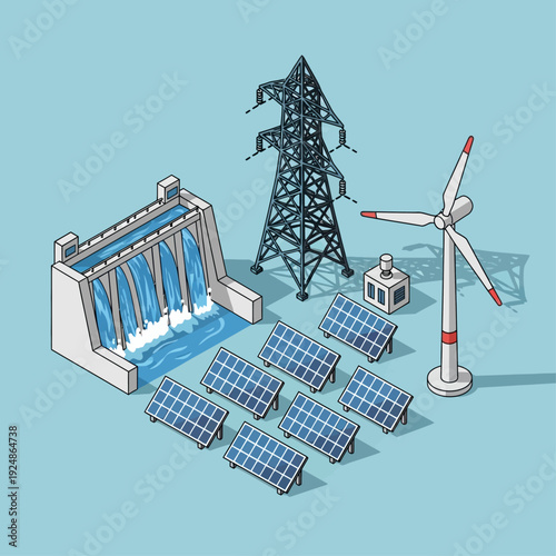 Renewable Energy Sources Including Hydroelectric Dam Solar Panels Wind Turbine.