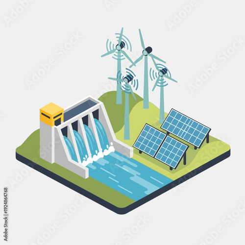Sustainable Energy Generation with Hydroelectric Dam, Wind Turbines, and Solar Panels.