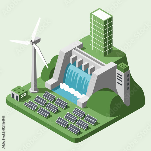 Renewable Energy Sources Hydroelectric Dam with Solar Panels and Wind Turbine.