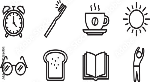 Illustrations of daily activities and items for a productive morning routine Vector