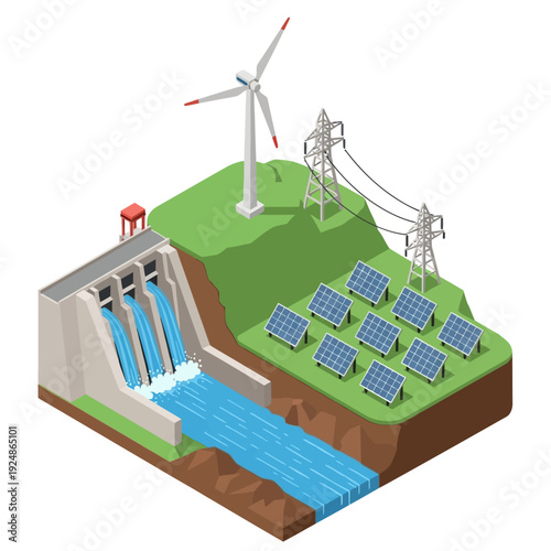 Renewable Energy Sources Hydroelectric Dam Wind Turbines Solar Panels.