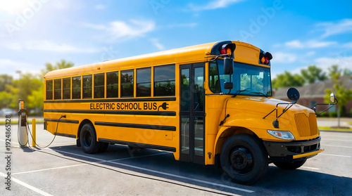 Bright yellow school bus parked in a sunlit lot at an electric charging station