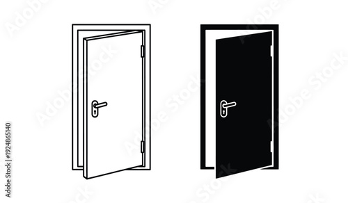 Vector illustration of two doors one open and one closed with handles