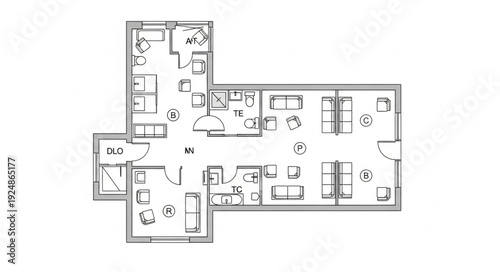 Detailed architectural floor plan showcasing rooms and interior design elements for residential living spaces.