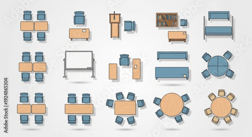 Top-down view of various office furniture arrangements and layouts for workspace design.