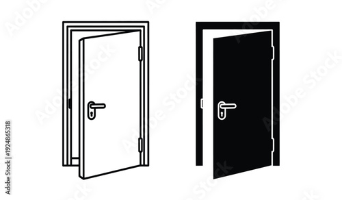 Vector illustration of open and closed doors with handles in black and white