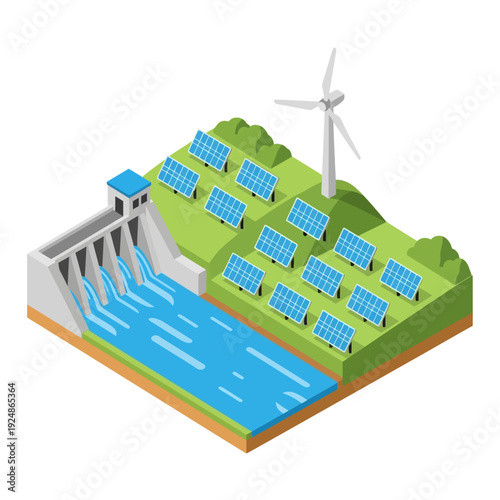 Renewable Energy Sources Hydroelectric Dam Solar Panels Wind Turbine.
