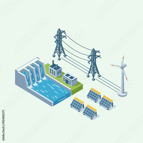 Renewable Energy Sources with Hydroelectric Dam and Solar Panels.