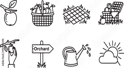 Illustrations of gardening tools, plants, and outdoor activities. Vector