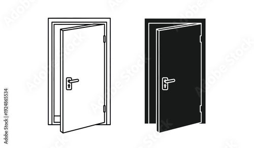 Vector illustration of two doors one black and one line drawing