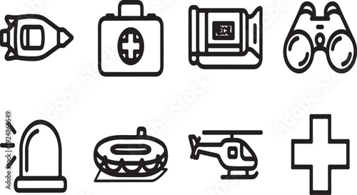 Illustrations of emergency services and equipment for rescue operations Vector
