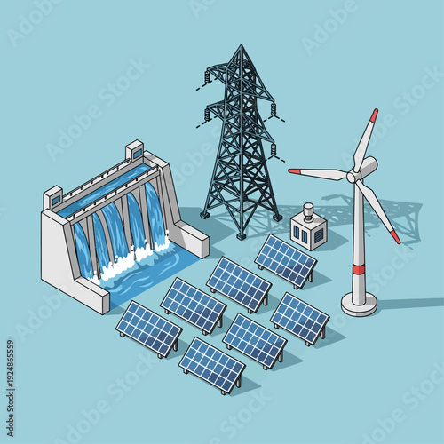 Renewable Energy Sources Including Hydroelectric Dam Solar Panels and Wind Turbine.