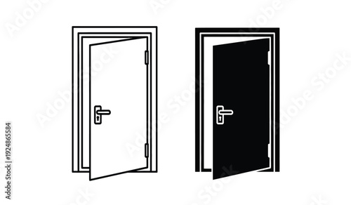 Two open doors one white and one black in a line drawing style