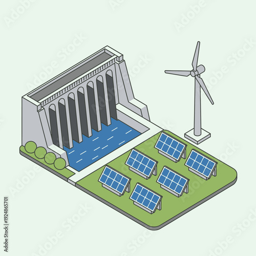 Renewable Energy Sources Hydroelectric Dam Solar Panels Wind Turbine.