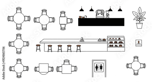 Restaurant layout sketch featuring tables, bar, and restroom facilities.