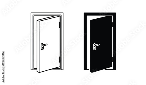 Vector illustration of two open doors one black and one white with handles