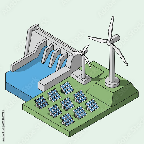 Renewable Energy Sources Hydroelectric Dam Solar Panels Wind Turbines.