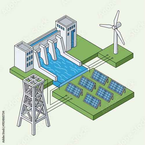 Renewable Energy Sources Including Hydroelectric Dam Solar Panels and Wind Turbine.