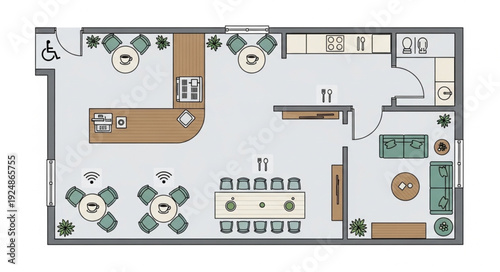 Restaurant layout plan with tables, chairs, bar, and kitchen area, offering a functional design.