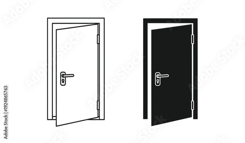 Vector illustration of two open doors in black and white