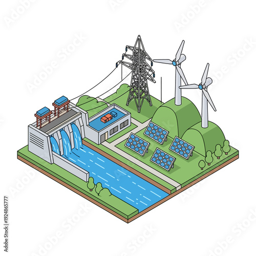 Sustainable Energy Generation with Hydroelectric Dam and Wind Turbines.