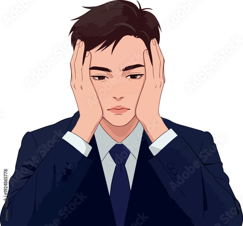 Man In Dark Suit Holding Head In Despair Flat Minimal Illustration