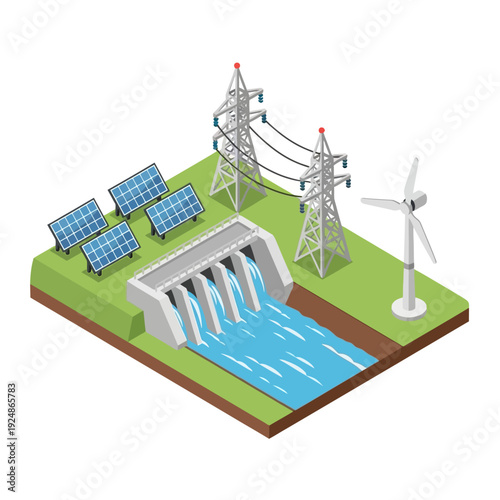 Renewable Energy Sources with Hydroelectric Dam and Wind Turbine.