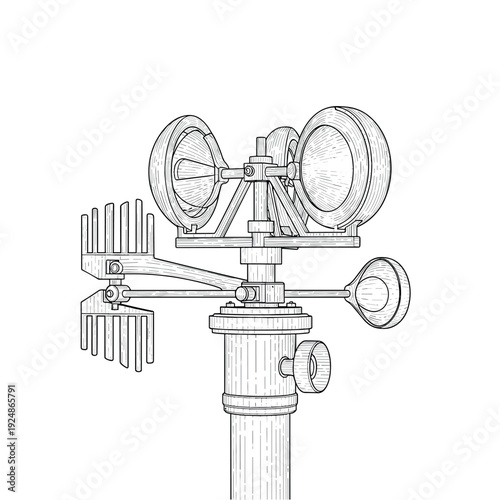 Vintage robotic water pump illustration with retro metal and gold design