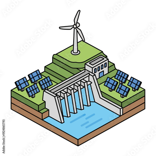 Isometric illustration of a hydroelectric dam with solar panels and wind turbine.