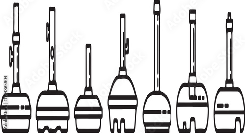 A collection of various types of vacuum cleaners in a row. Vector