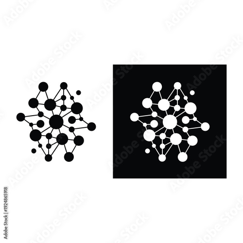 Molecular structure icons with connected dots and lines in black and white icon