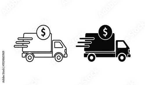 Black and white line icons of delivery trucks with dollar signs on them, representing fast and efficient delivery of goods or packages