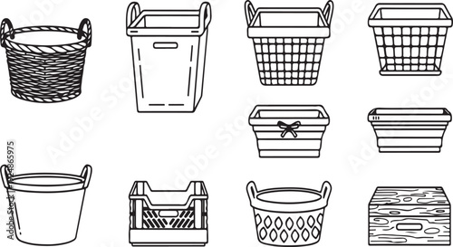 Assorted household containers and baskets in various shapes and sizes Vector