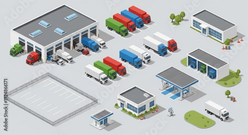 Isometric view of a logistics center with trucks and buildings, ready for transport.